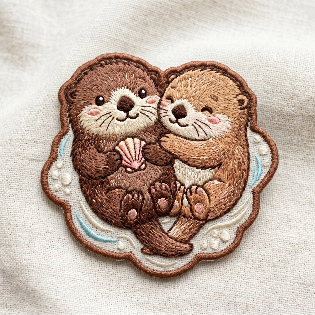 Otters Hugging Holding Shell Water Bubbles Iron On Embroidered Patch — Iron-on patch