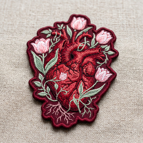 Anatomical Heart Floral Tulip Roots Botanical Iron On Embroidered Patch — Iron-on patch