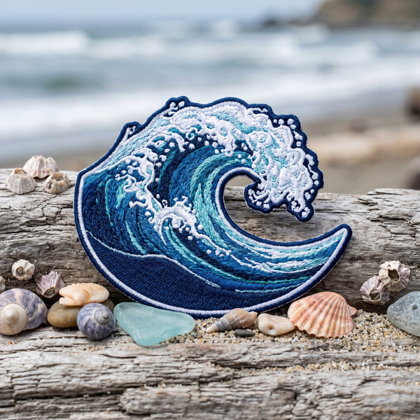 Ocean Wave Crashing Surf Coastal Iron On Embroidered Patch — Iron-on patch