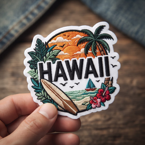 Hawaii Tropical Sunset Surfboard Palm Tree Hibiscus Iron On Embroidered Patch — Iron-on patch