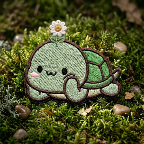 Cute Kawaii Turtle Daisy Flower Iron On Embroidered Patch — Iron-on patch