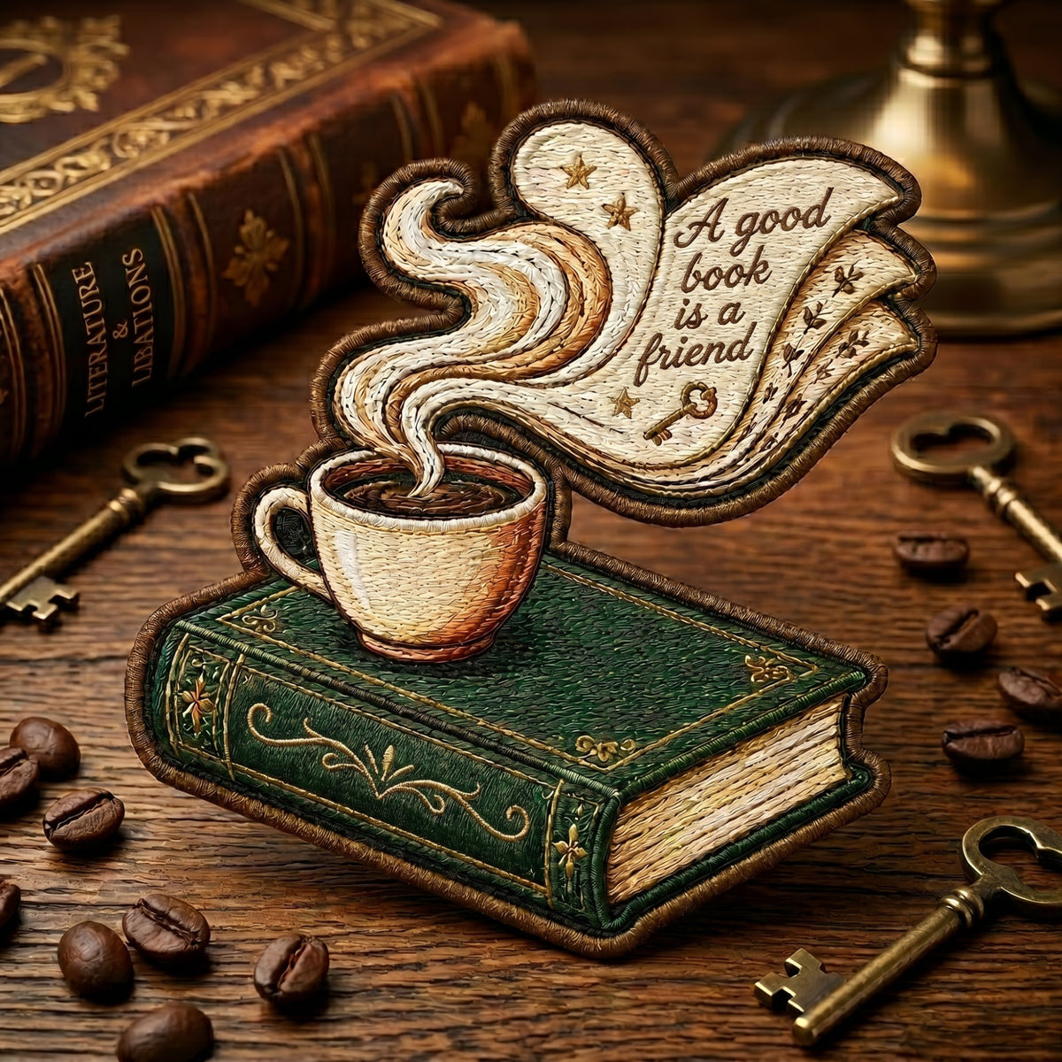 Book and Coffee Steam A Good Book Is A Friend Reading Lover Iron On Embroidered Patch — Iron-on patch