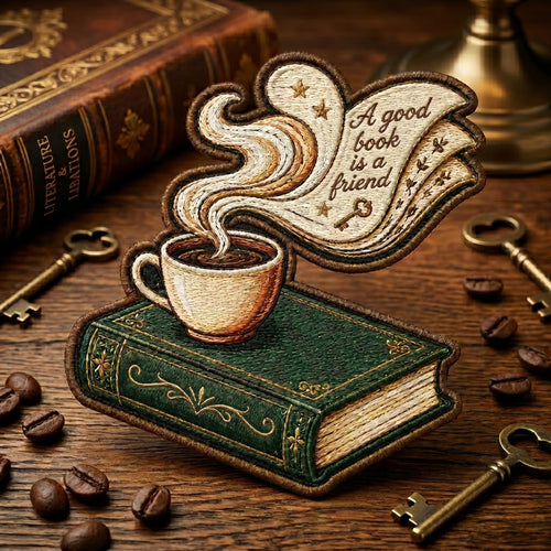 Book and Coffee Steam A Good Book Is A Friend Reading Lover Iron On Embroidered Patch — Iron-on patch