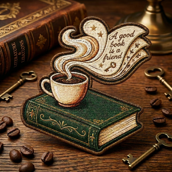 Book and Coffee Steam A Good Book Is A Friend Reading Lover Iron On Embroidered Patch — Iron-on patch