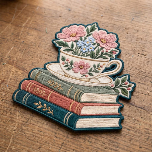 Floral Teacup Stack of Books Cottagecore Reading Book Lover Iron On Embroidered Patch — Iron-on patch