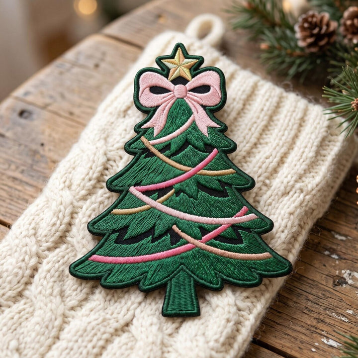Christmas Tree Pink Bow Star Garland Coquette Holiday Iron On Embroidered Patch — Iron-on patch