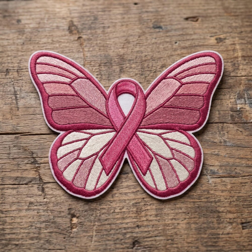 Breast Cancer Awareness Pink Ribbon Butterfly Iron On Embroidered Patch — Iron-on patch