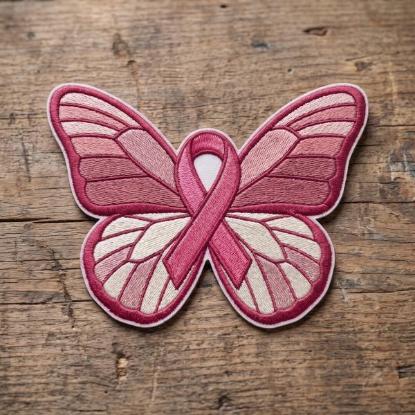 Breast Cancer Awareness Pink Ribbon Butterfly Iron On Embroidered Patch — Iron-on patch