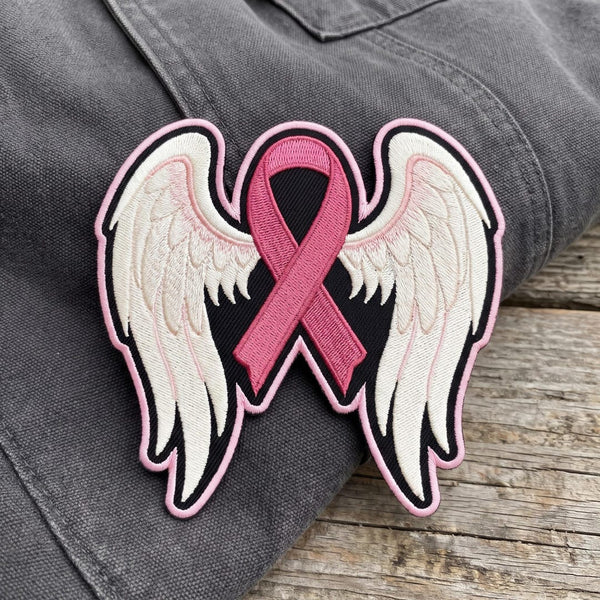 Breast Cancer Awareness Pink Ribbon Angel Wings Iron On Embroidered Patch — Iron-on patch