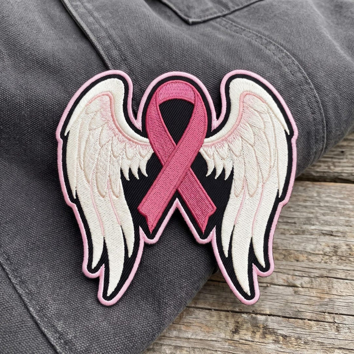 Breast Cancer Awareness Pink Ribbon Angel Wings Iron On Embroidered Patch — Iron-on patch