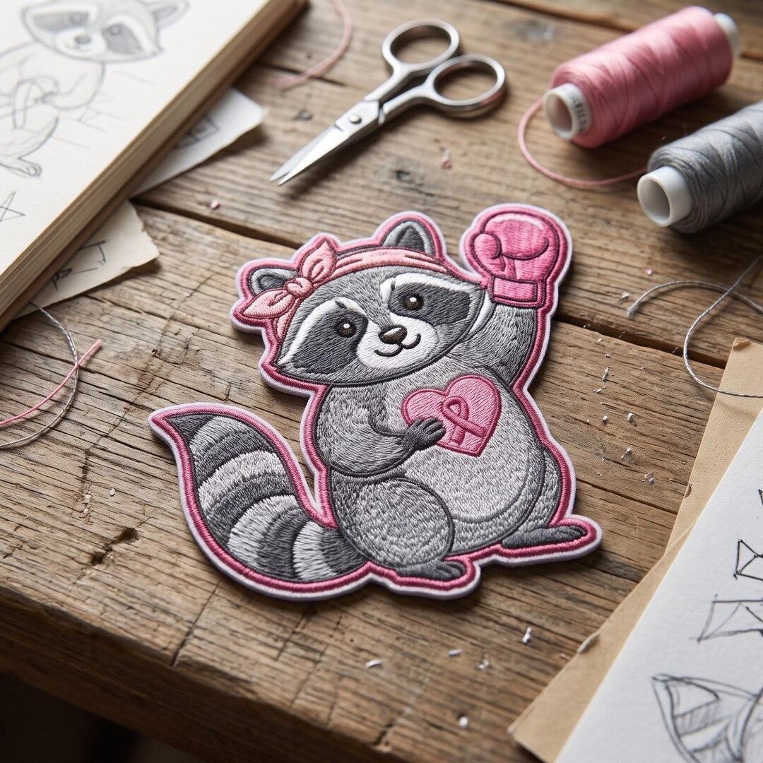 Breast Cancer Awareness Pink Ribbon Raccoon Boxing Glove Heart Iron On Embroidered Patch — Iron-on patch