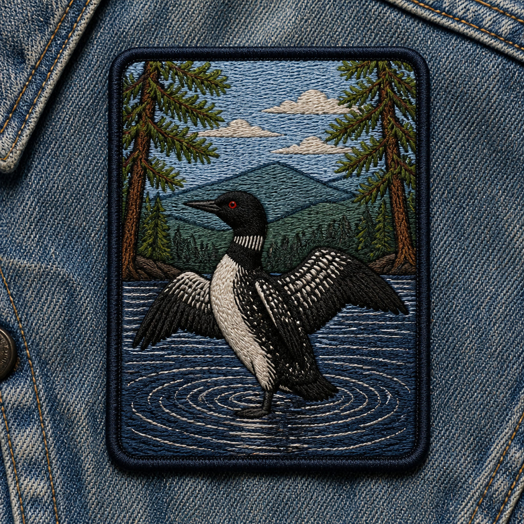 Loon Bird Mountain Lake Wilderness Nature Scene Iron On Embroidered Patch — Iron-on patch