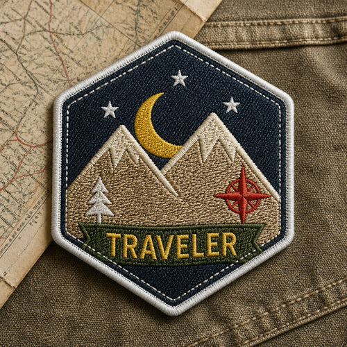 Mountain Adventure Traveler Hexagon Patch Night Sky Iron On Embroidered Patch — Iron-on patch