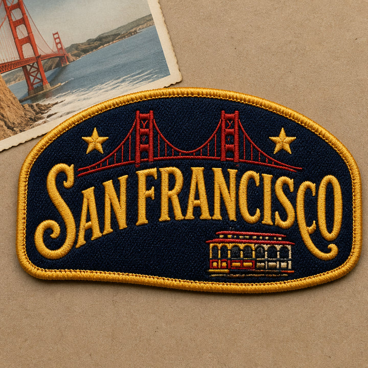 San Francisco Golden Gate Skyline Varsity Script Iron-On Iron On Embroidered Patch — Iron-on patch