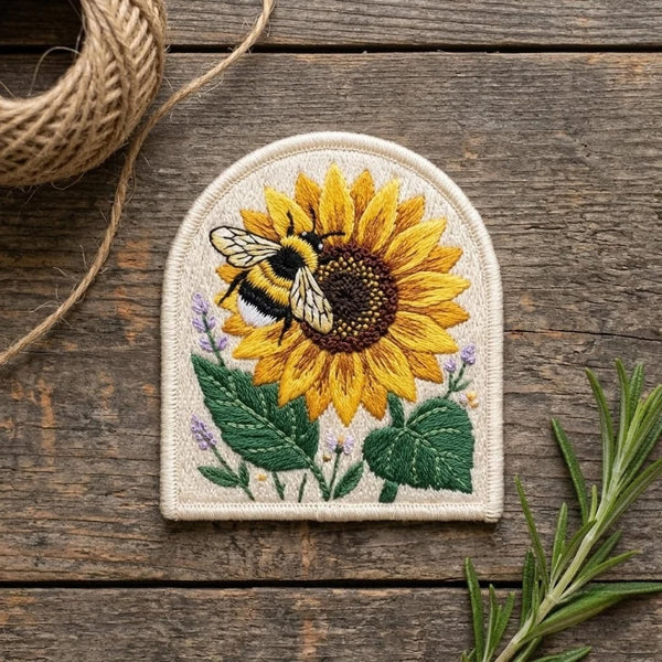 Bumblebee Sunflower Lavender Garden Iron On Embroidered Patch — Iron-on patch