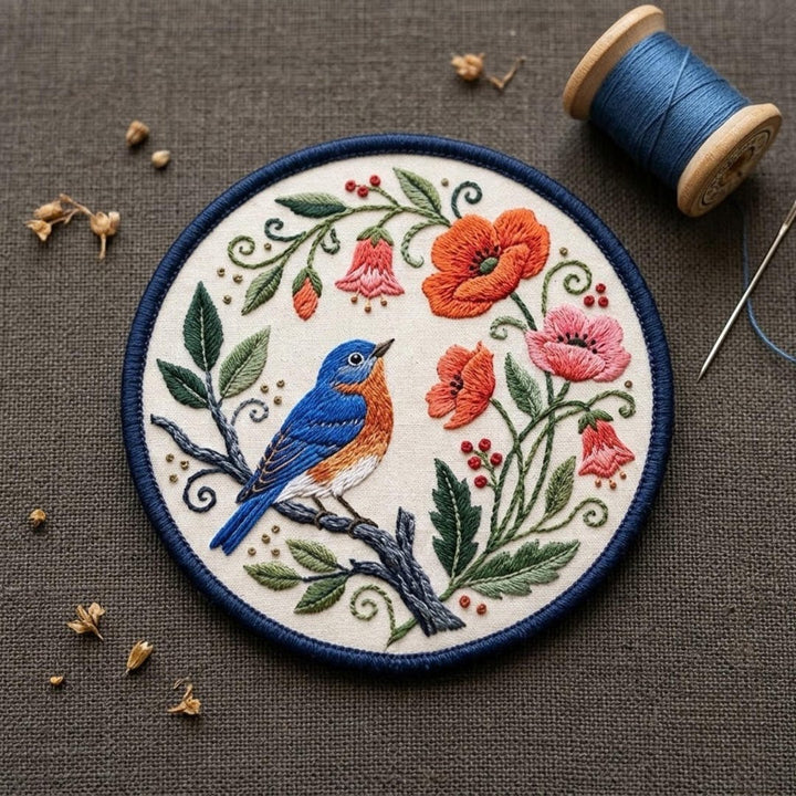 Bluebird Vintage Floral Wildflower Folk Art Iron On Embroidered Patch — Iron-on patch