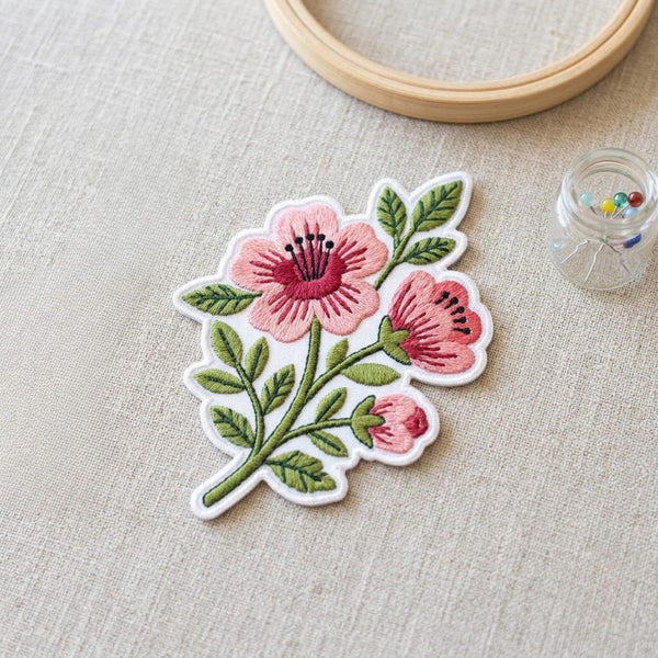 Pink Botanical Flower Bouquet Floral Branch Iron On Embroidered Patch — Iron-on patch