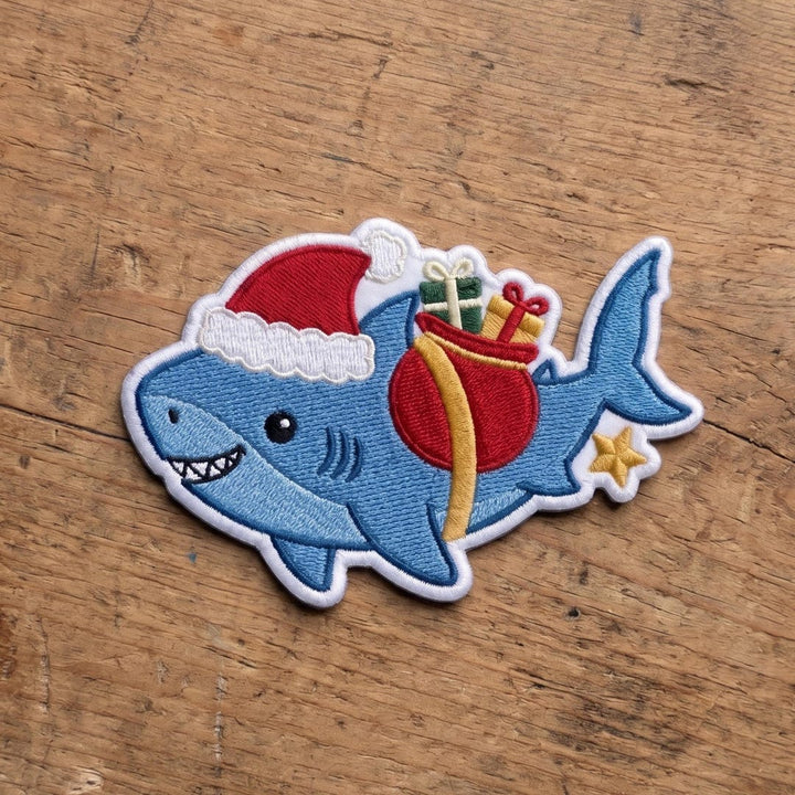 Christmas Santa Shark Holiday Gift Bag Star Iron On Embroidered Patch — Iron-on patch