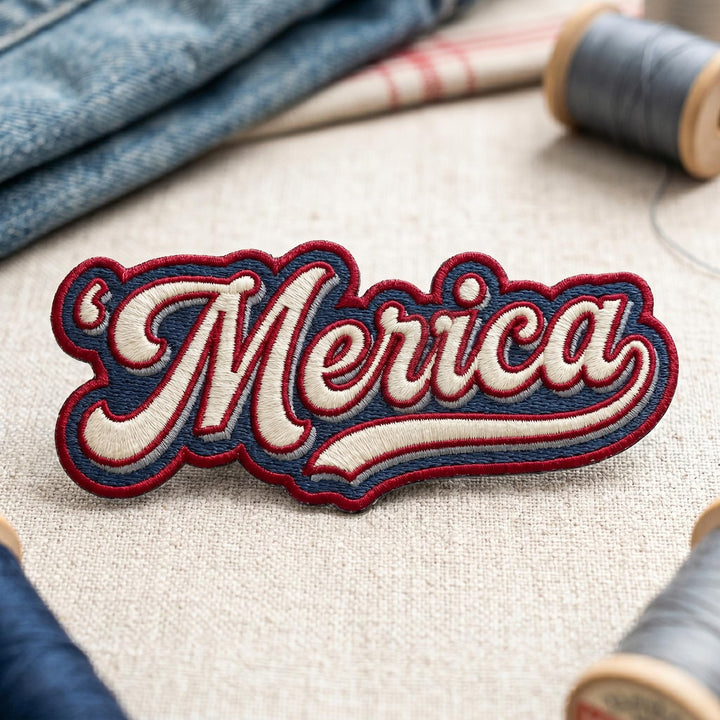 'Merica Script Retro Patriotic USA Iron On Embroidered Patch — Iron-on patch