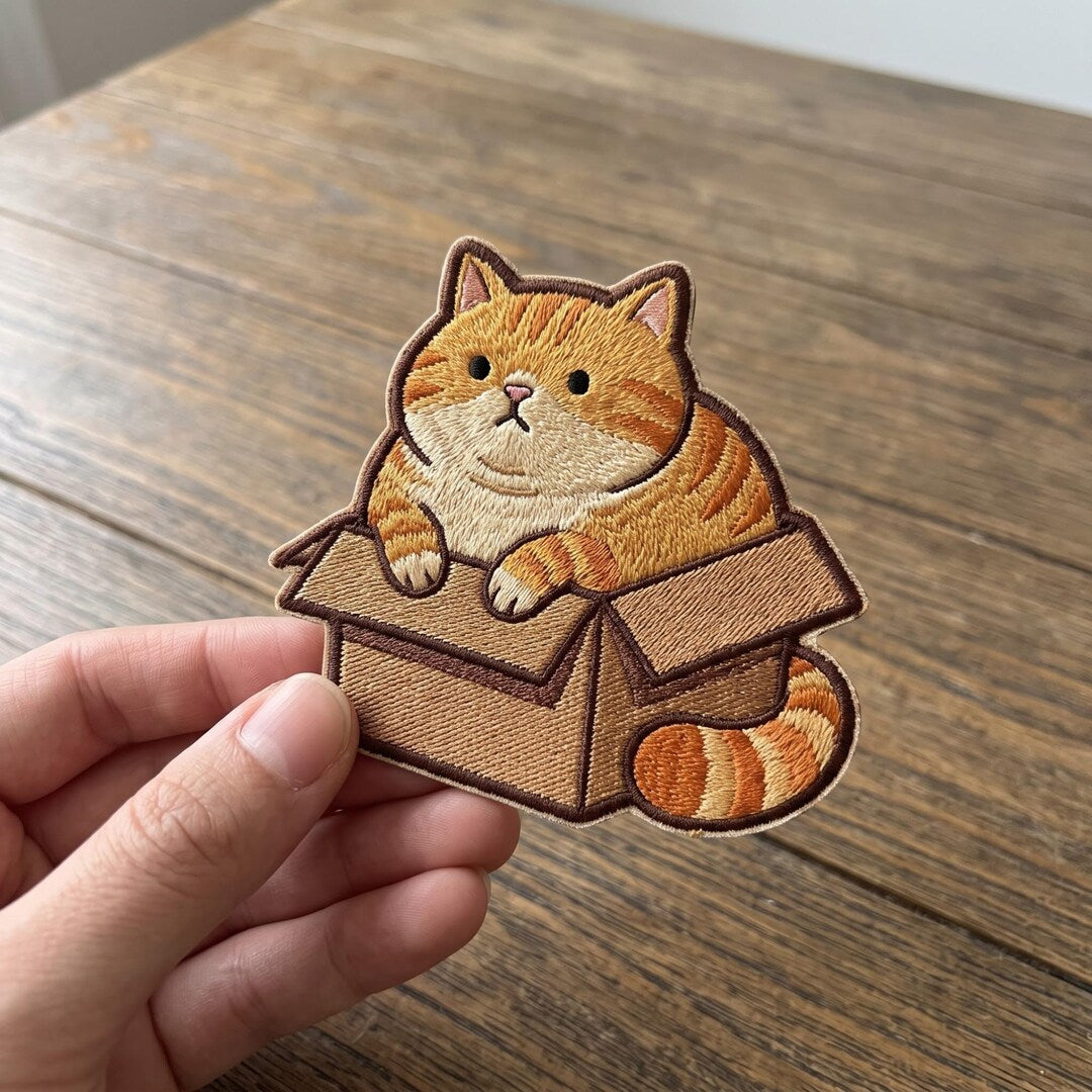 Orange Tabby Cat In Cardboard Box Cute Chubby Cat Iron On Embroidered Patch — Iron-on patch
