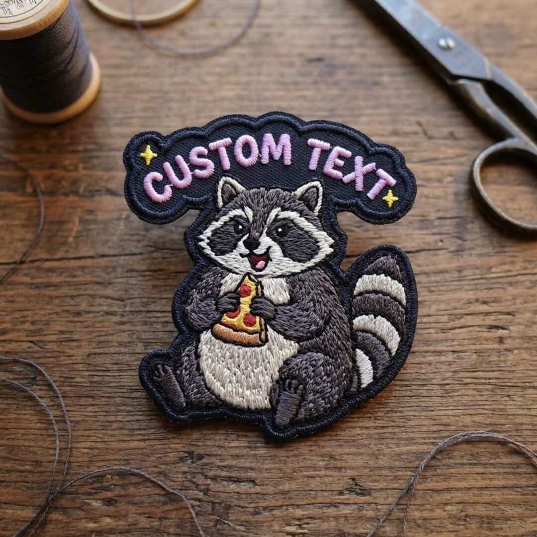 Personalized Funny Raccoon Eating Pizza Custom Text Iron On Embroidered Patch — Iron-on patch