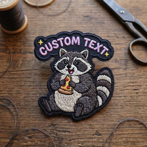 Personalized Funny Raccoon Eating Pizza Custom Text Iron On Embroidered Patch — Iron-on patch