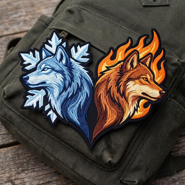 Fire And Ice Wolf Duo Iron On Embroidered Patch — Iron-on patch