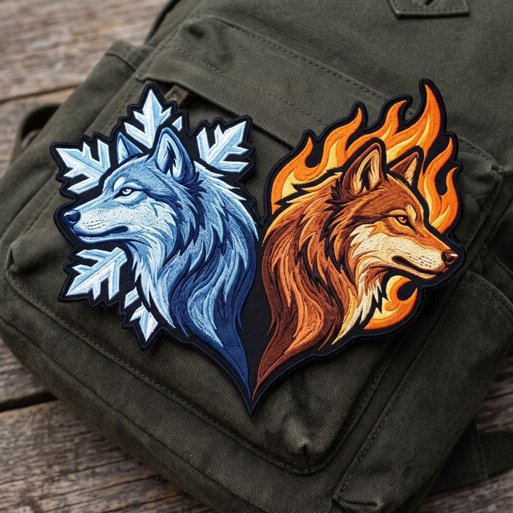 Fire And Ice Wolf Duo Iron On Embroidered Patch — Iron-on patch