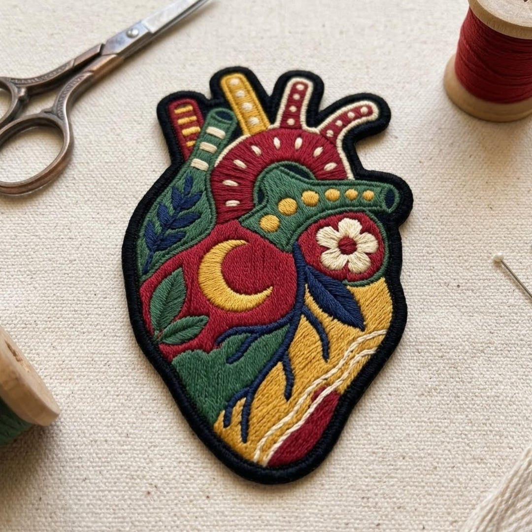 Anatomical Heart Floral Moon Leaves Colorful Iron On Embroidered Patch — Iron-on patch