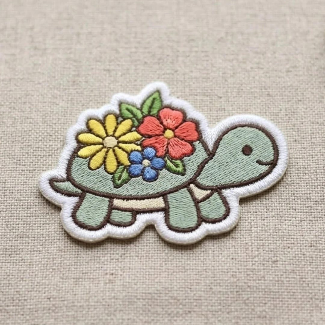 Cute Turtle Colorful Floral Flowers Iron On Embroidered Patch — Iron-on patch