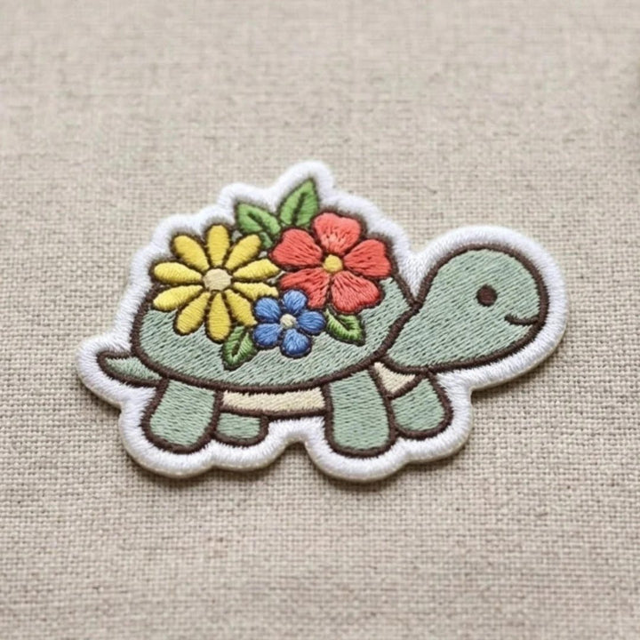 Cute Turtle Colorful Floral Flowers Iron On Embroidered Patch — Iron-on patch