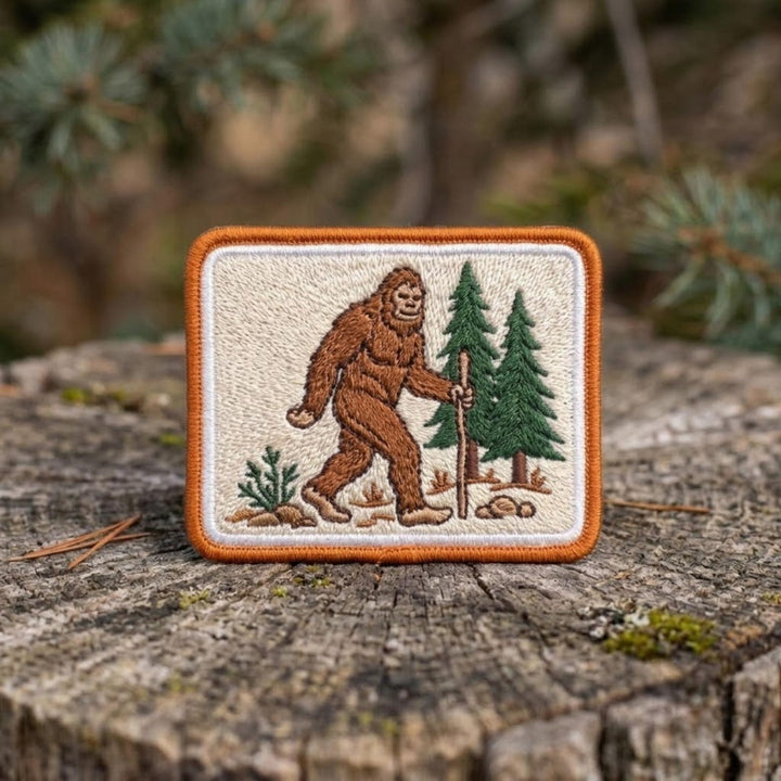 Bigfoot Hiking Forest Pine Trees Iron On Embroidered Patch — Iron-on patch