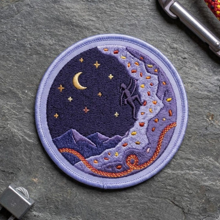 Rock Climbing Night Sky Moon Stars Mountain Iron On Embroidered Patch — Iron-on patch