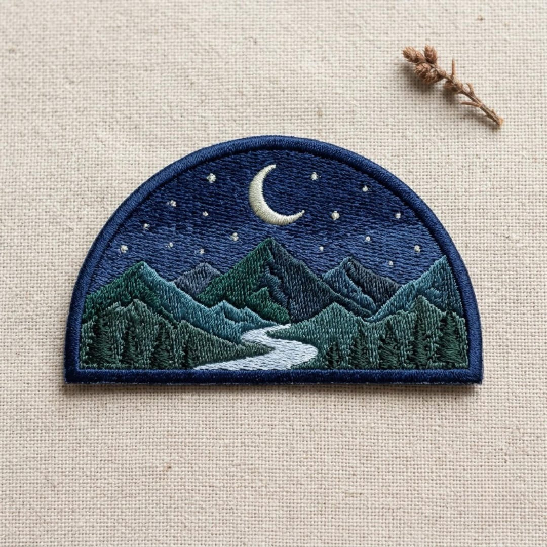 Mountain Night Sky Moon River Forest Landscape Iron On Embroidered Patch — Iron-on patch