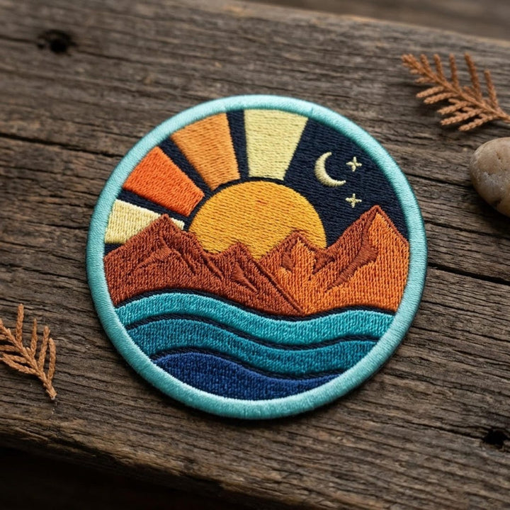 Mountain Sunset Ocean Waves Moon Stars Retro Outdoor Iron On Embroidered Patch — Iron-on patch