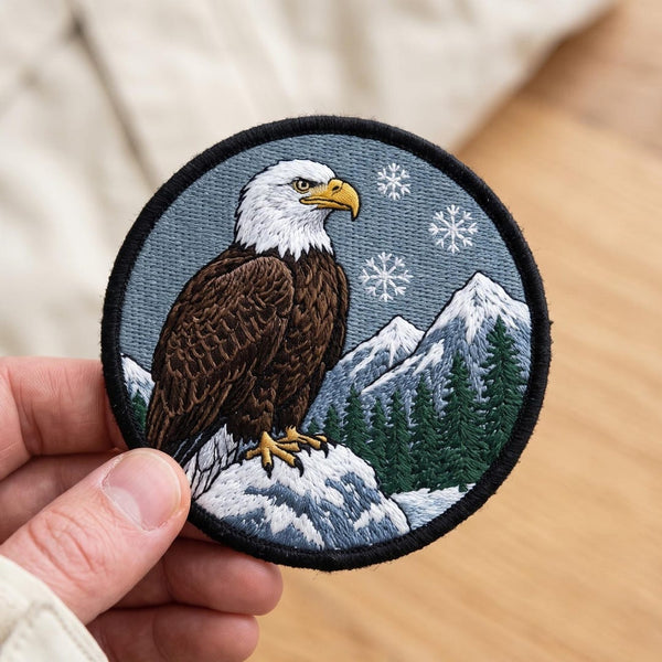 Bald Eagle Winter Mountain Snowflake Wildlife Iron On Embroidered Patch — Iron-on patch