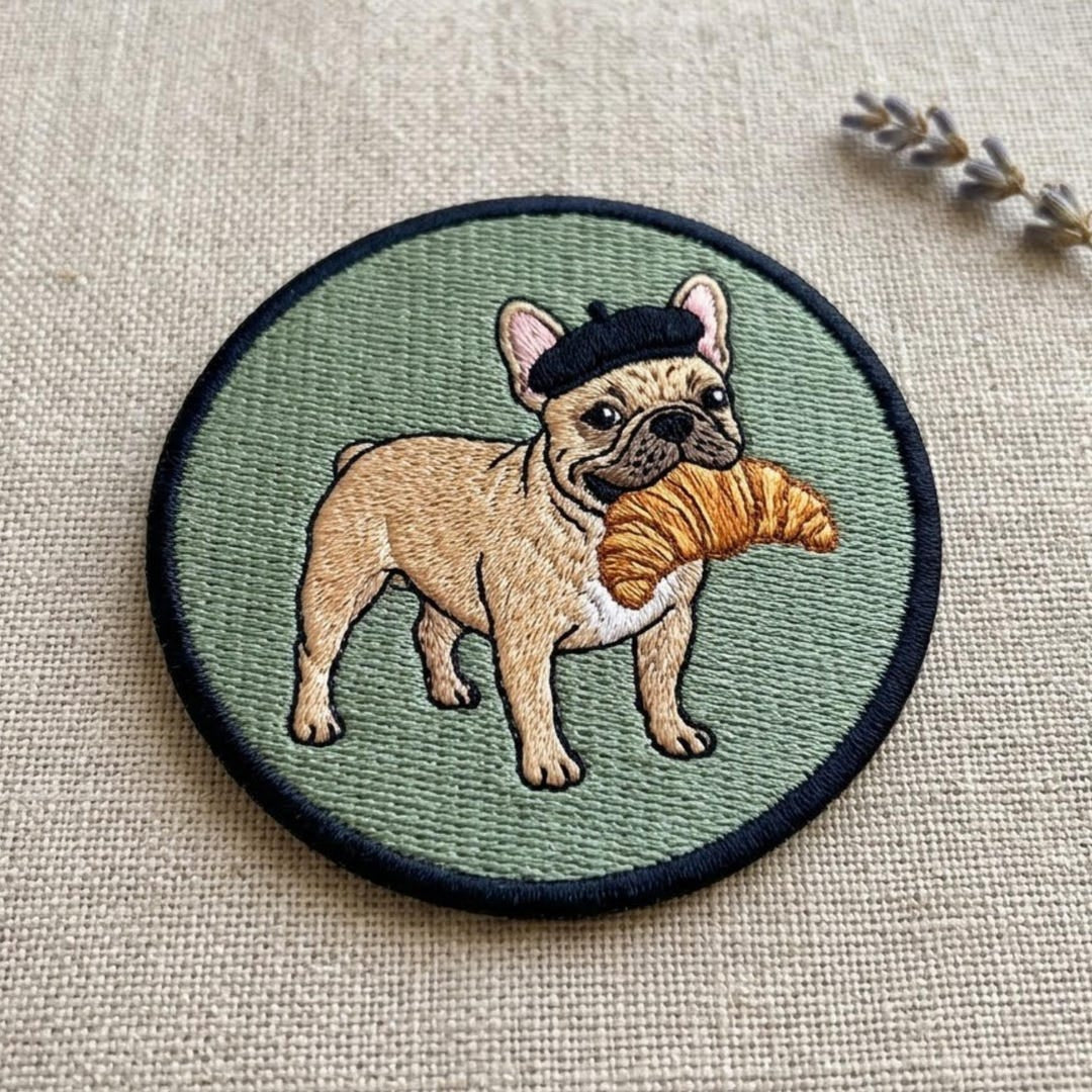 French Bulldog Beret Croissant Iron On Embroidered Patch — Iron-on patch
