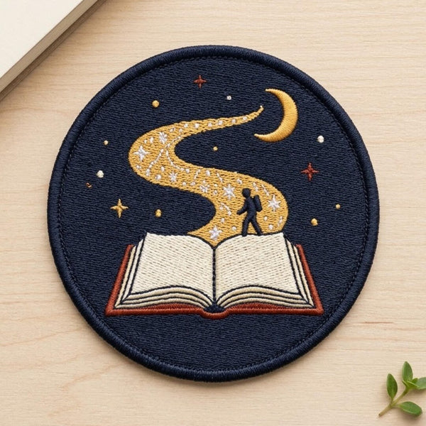 Book Lover Open Book Starry Path Moon Night Sky Reader Iron On Embroidered Patch — Iron-on patch