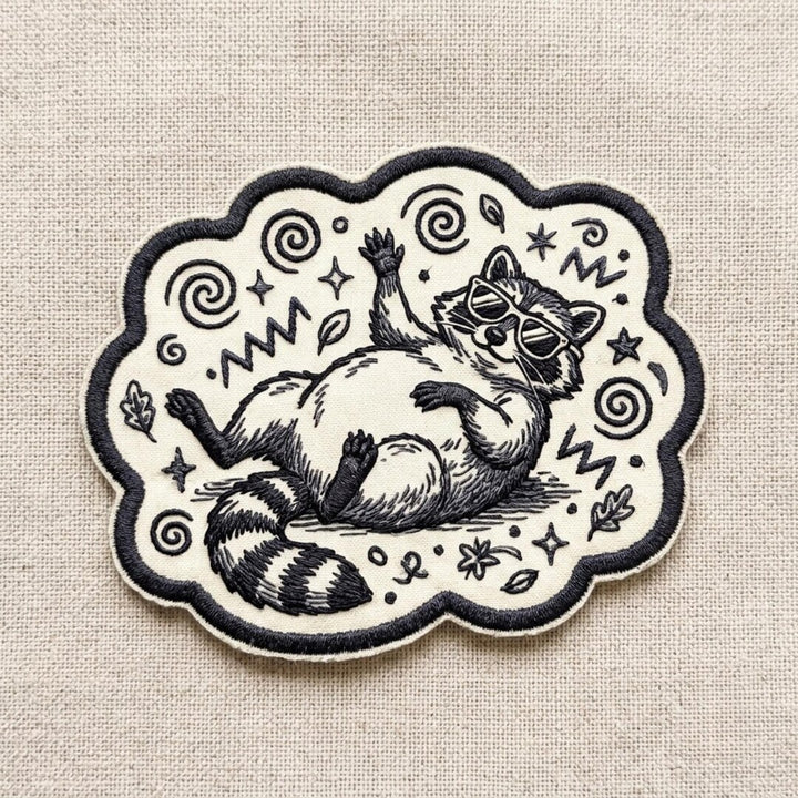 Funny Raccoon Sunglasses Lounging Iron On Embroidered Patch — Iron-on patch