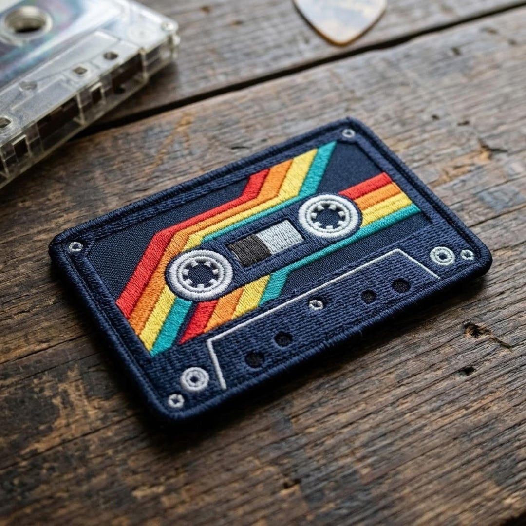 Retro Cassette Tape Rainbow Stripes Vintage Music Iron On Embroidered Patch — Iron-on patch