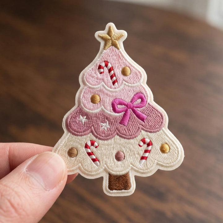 Pink Coquette Christmas Tree Candy Cane Bow Star Ornament Iron On Embroidered Patch — Iron-on patch