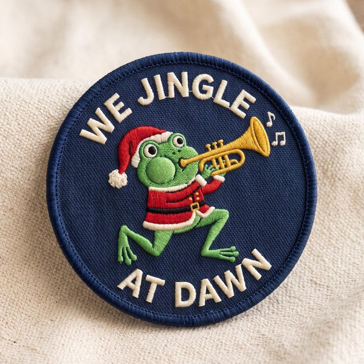 We Jingle At Dawn Funny Christmas Frog Santa Trumpet Iron On Embroidered Patch — Iron-on patch