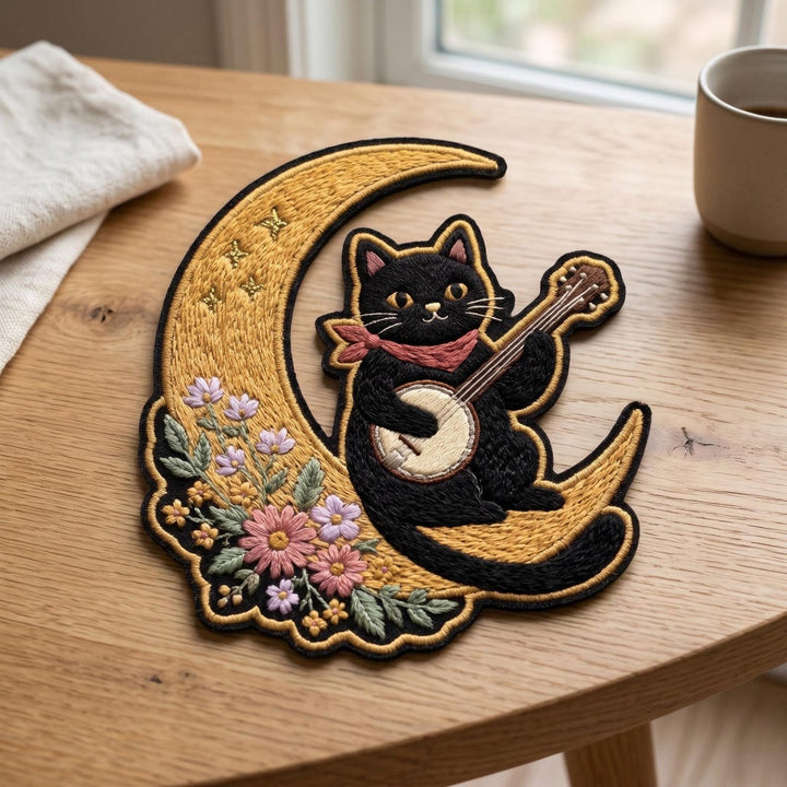 Black Cat Banjo Crescent Moon Floral Iron On Embroidered Patch — Iron-on patch