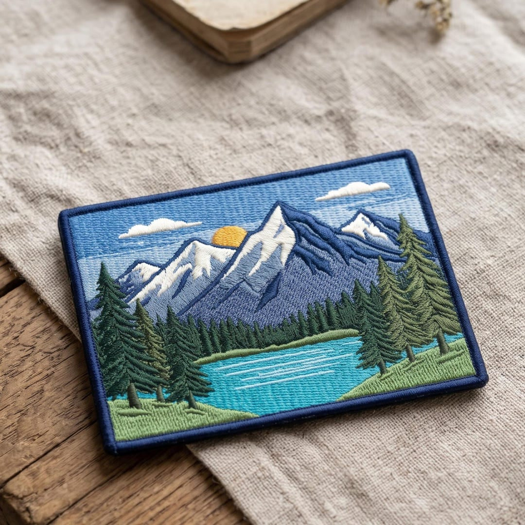Mountain Lake Alpine Forest Pine Trees Scenic Landscape Iron On Embroidered Patch — Iron-on patch