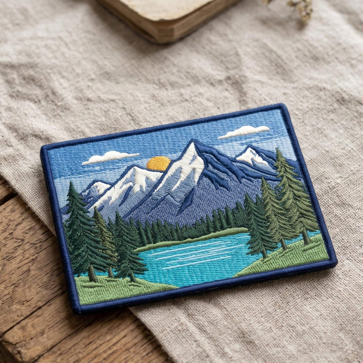 Mountain Lake Alpine Forest Pine Trees Scenic Landscape Iron On Embroidered Patch — Iron-on patch
