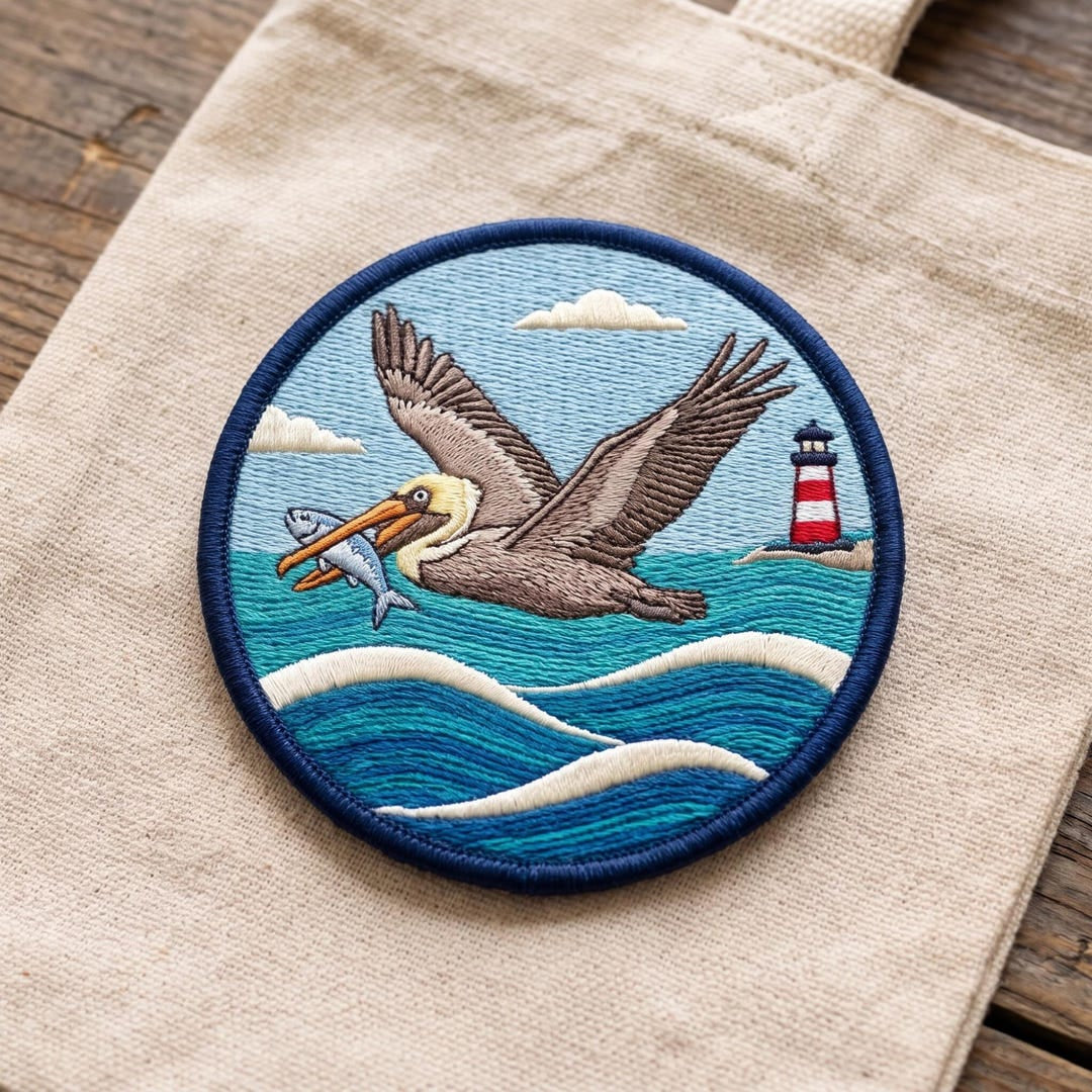 Pelican Flying Fish Lighthouse Ocean Waves Coastal Nautical Iron On Embroidered Patch — Iron-on patch