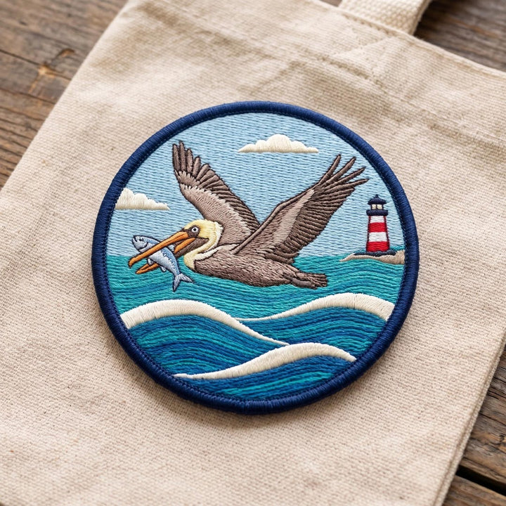 Pelican Flying Fish Lighthouse Ocean Waves Coastal Nautical Iron On Embroidered Patch — Iron-on patch