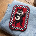 Black Cat Playing Banjo Whimsical Folk Music Checker Border Iron On Embroidered Patch — Iron-on patch