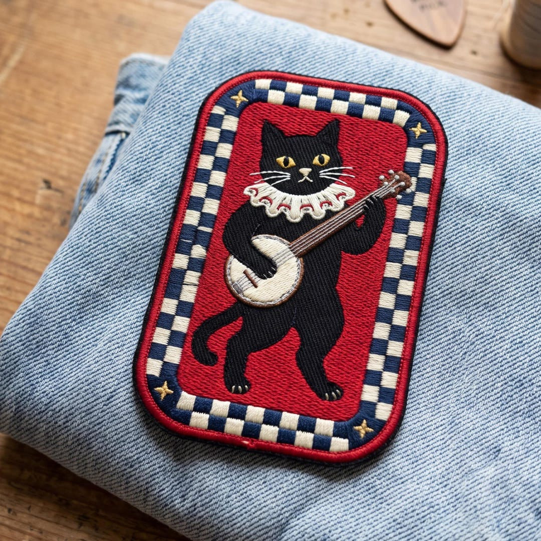 Black Cat Playing Banjo Whimsical Folk Music Checker Border Iron On Embroidered Patch — Iron-on patch