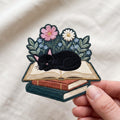 Black Cat Sleeping on Books Wildflowers Botanical Iron On Embroidered Patch — Iron-on patch